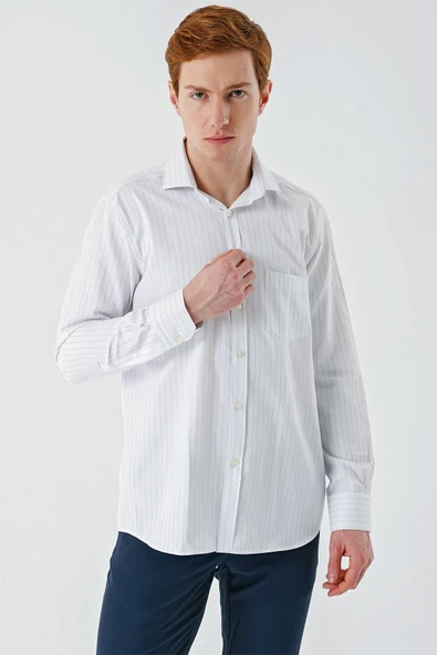 Siyah Uzun Kollu Çizgili Armürlü İtalyan Yaka Cepli Garnili Pamuklu  Comfort Fit Gömlek 1004240152 ürün görseli