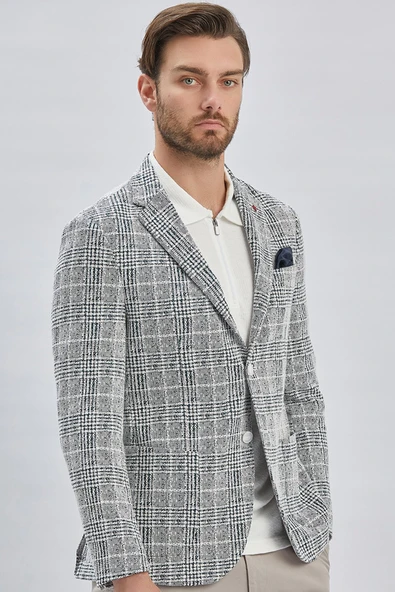 Koyu Lacivert Mono Yaka Ekose Desen 2 Düğmeli 6 Drop Slim Fit Ceket 1002240158 - 4