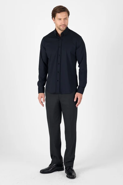 Siyah Uzun Kol Düğmeli Yaka Cepsiz Performans Ürün Slim Fit  Gömlek 1004250270 - Resim 2