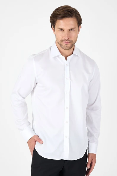 Beyaz Uzun Kol İtalyan Yaka Cepsiz Non Iron Slim Fit %100 Pamuk Gömlek 1004250269 ürün görseli