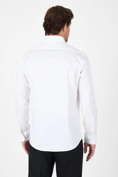 Beyaz Uzun Kol Sert Yaka Cepsiz  Slim Fit %100 Pamuk Gömlek 1004250266 - Resim 5