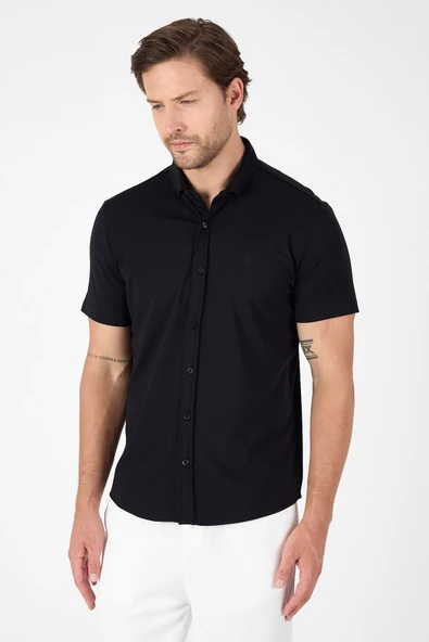Siyah Kısa Kol Düğmeli Yaka Cepsiz Performans Ürün Slim Fit  Gömlek 1004250256 - Resim 3