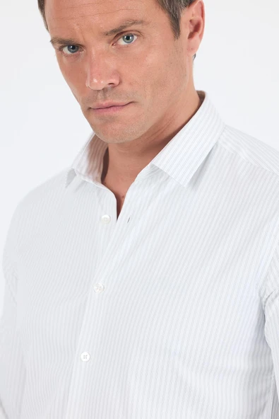 Beyaz Uzun Kol Sert Yaka Cepsiz Easy To Iron Slim Fit Esnek Gömlek 1004250230 - Resim 4