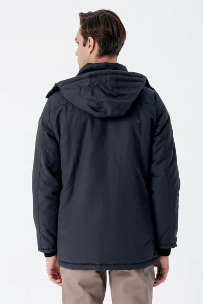 Koyu Antrasit Kapüşonlu Pamuklu Astarlı Comfort Fit Rahat Kesim Casual Kaban 1008235169 - Resim 7