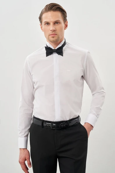 Beyaz Uzun Kol Düz Bez Ayağı Ata Yaka Cepsiz Pamuklu Basic Slim Fit Gömlek 1004245060 ürün görseli 1