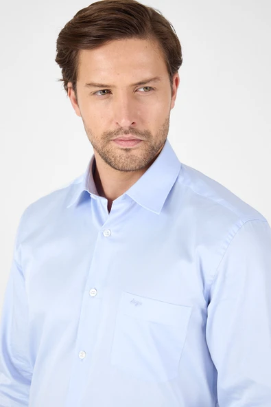 Mavi Sert Yaka Düz Classic %100 Pamuk Comfort Fit Gömlek 1004250323 - Resim 4
