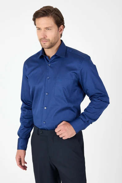 Lacivert Sert Yaka Düz Classic %100 Pamuk Comfort Fit Gömlek 1004250323 - Resim 4