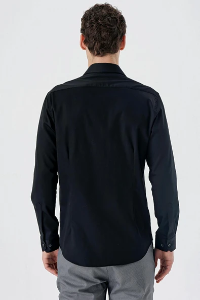 Siyah Uzun Kollu   Sert Yaka Cepsiz  %100 Pamuk Klasik Slim Fit Dar Kesim Gömlek 1004235424 - Resim 6