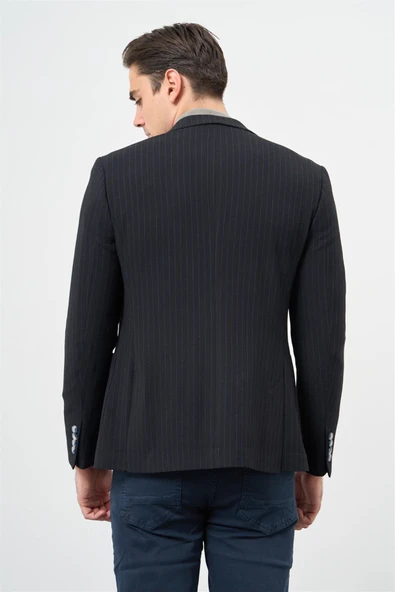 Koyu Lacivert Gofreli Kırlangıç Yaka Likralı 6 Drop Slim Fit Klasik Ceket 1002240111 - Resim 4