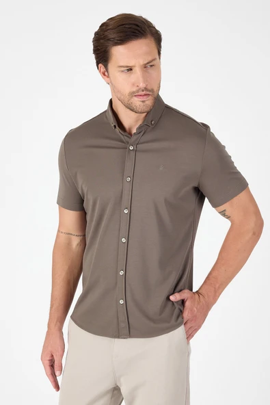 Koyu Haki Kısa Kol Düğmeli Yaka Cepsiz Performans Ürün Slim Fit  Gömlek 1004250256 - Resim 3