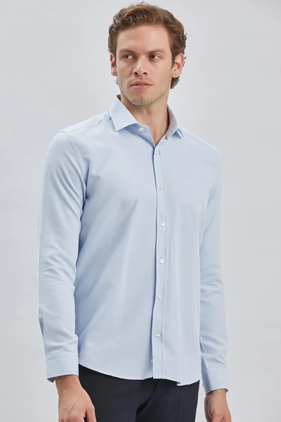 Mavi Uzun Kol Kendinden Desenli Armürlü Yarım İtalyan Yaka Classic Slim Fit Gömlek 1004240250 ürün görseli