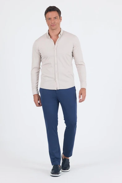 Taş Rengi İtalyan Düğmeli Yaka UzunKol Cepsiz Slim Fit Gömlek 1004250254 - Resim 2