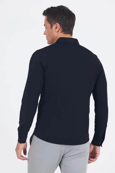 Siyah İtalyan Düğmeli Yaka UzunKol Cepsiz Slim Fit Gömlek 1004250254 - Resim 5