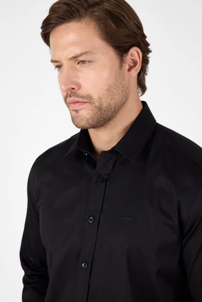 Siyah Sert Yaka Düz Classic %100 Pamuk Slim Fit Gömlek 1004250324 - Resim 4