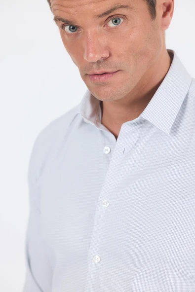 Beyaz Uzun Kol Sert Yaka Cepsiz Easy To Iron Slim Fit Esnek Gömlek 1004250233 - Resim 4