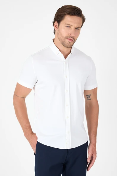 Beyaz Kısa Kol Düğmeli Yaka Cepsiz Performans Ürün Slim Fit  Gömlek 1004250256 - Resim 4