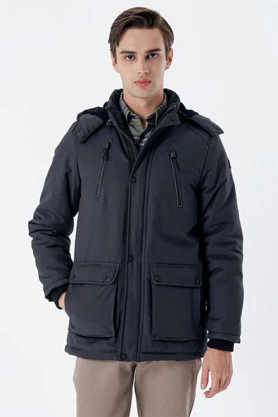 Koyu Antrasit Kapüşonlu Pamuklu Astarlı Comfort Fit Rahat Kesim Casual Kaban 1008235169 - Resim 2