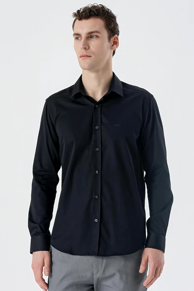 Siyah Uzun Kollu   Sert Yaka Cepsiz  %100 Pamuk Klasik Slim Fit Dar Kesim Gömlek 1004235424 - Resim 2