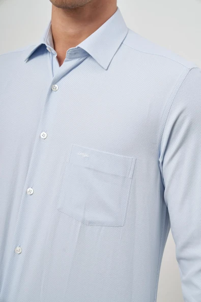 Koyu Mavi Uzun Kol Kendinden Desenli Armürlü 041 Sert Yaka Classic Comfort Fit Gömlek 1004245154 - Resim 6