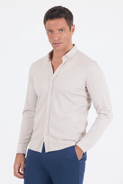 Taş Rengi İtalyan Düğmeli Yaka UzunKol Cepsiz Slim Fit Gömlek 1004250254 - Resim 3