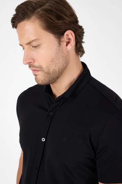 Siyah Kısa Kol Düğmeli Yaka Cepsiz Performans Ürün Slim Fit  Gömlek 1004250256 - Resim 4