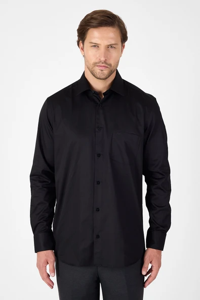 Siyah Sert Yaka Düz Classic %100 Pamuk Comfort Fit Gömlek 1004250323 ürün görseli