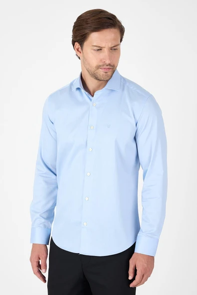 Koyu Mavi Uzun Kol Yarım İtalyan Yaka Cepsiz Non Iron Slim Fit Pamuklu Gömlek 1004250267 - Resim 3