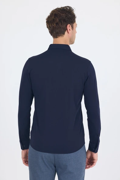 Koyu Lacivert İtalyan Düğmeli Yaka UzunKol Cepsiz Slim Fit Gömlek 1004250254 - Resim 5