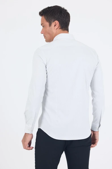 Beyaz Uzun Kol Sert Yaka Cepsiz Easy To Iron Slim Fit Esnek Gömlek 1004250233 - Resim 4