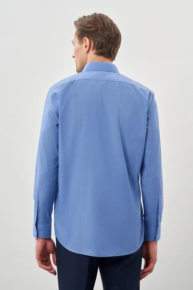 Mavi Uzun Kol Filafil Sert Yaka  Slim Fit Dar Kesim Basic Gömlek 1004210008 - Resim 5