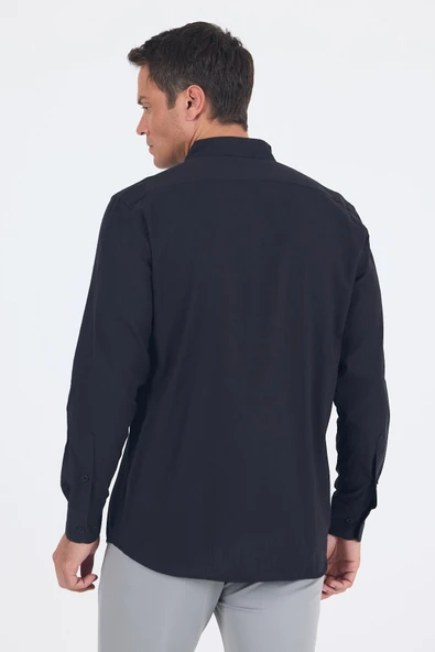 Siyah Uzun Kol Düz Armür Oval Yaka Casual Comfort Fit Gömlek 1004250249 - Resim 5