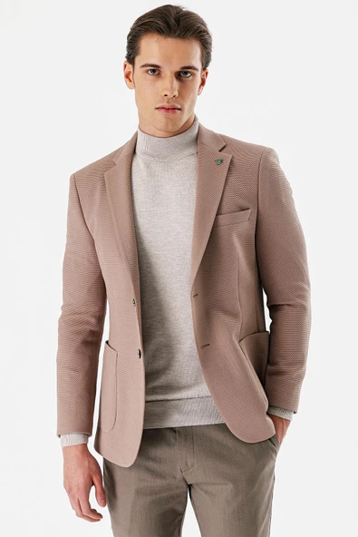 Vizon Desenli Mono Yaka Astarlı Çift Yırtmaç 6 Drop Slim Fit Dar Kesim Klasik Ceket 1002240150 - 2