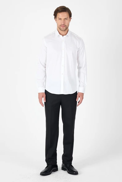 Beyaz Sert Yaka Düz Classic %100 Pamuk Slim Fit Gömlek 1004250324 - Resim 2