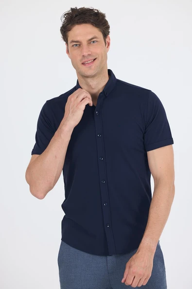 Koyu Lacivert italyan Düğmeli Yaka Kısa Kol Cepsiz Slim Fit Gömlek 1004250255 ürün görseli