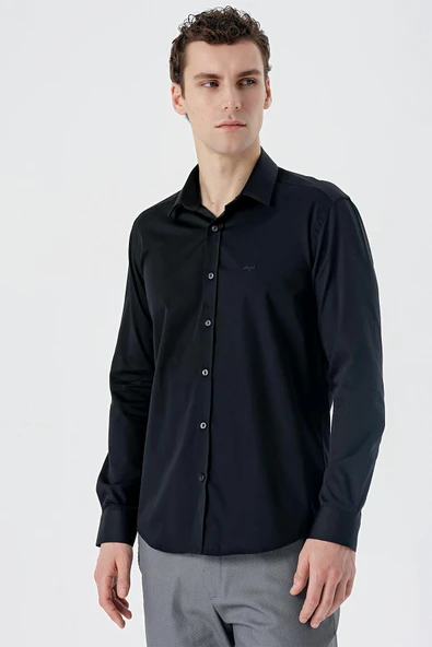 Siyah Uzun Kollu   Sert Yaka Cepsiz  %100 Pamuk Klasik Slim Fit Dar Kesim Gömlek 1004235424 - Resim 3