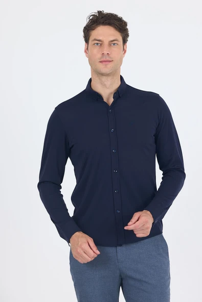 Koyu Lacivert İtalyan Düğmeli Yaka UzunKol Cepsiz Slim Fit Gömlek 1004250254 - Resim 3