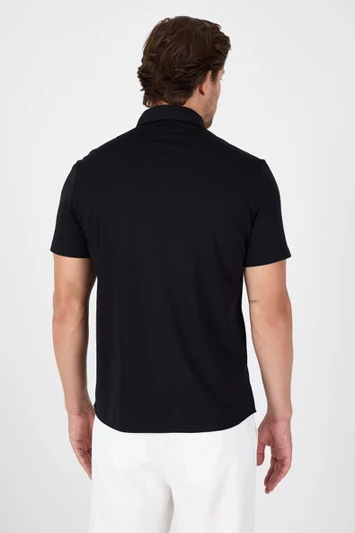 Siyah Kısa Kol Düğmeli Yaka Cepsiz Performans Ürün Slim Fit  Gömlek 1004250256 - Resim 5