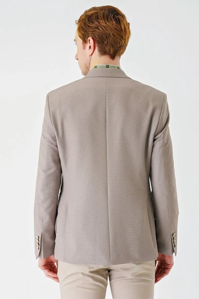 Bej Örme Mono Yaka Çift Yırtmaç Likralı 6 Drop Slim Fit Dar Kesim Klasik Ceket 1002240138 - Resim 7