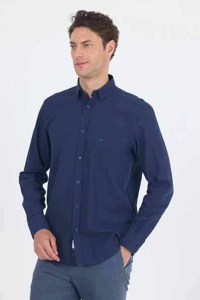Lacivert Uzun Kol Düz Armür Oval Yaka Casual Comfort Fit Gömlek 1004250249 - 3