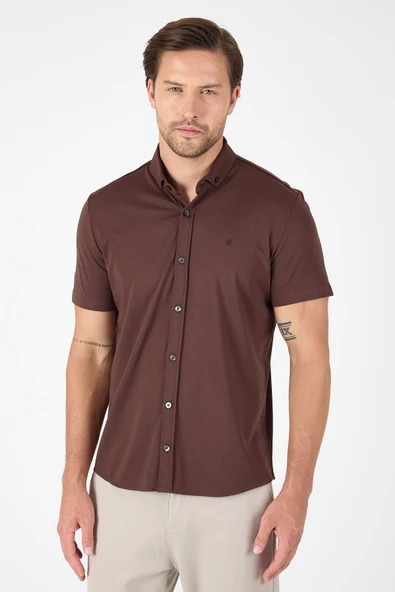 Koyu Kahverengi Kısa Kol Düğmeli Yaka Cepsiz Performans Ürün Slim Fit  Gömlek 1004250256 - Resim 2