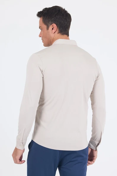 Taş Rengi İtalyan Düğmeli Yaka UzunKol Cepsiz Slim Fit Gömlek 1004250254 - Resim 5