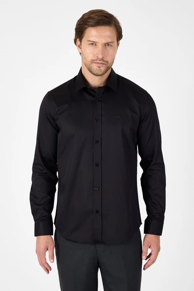 Siyah Sert Yaka Düz Classic %100 Pamuk Slim Fit Gömlek 1004250324 ürün görseli 1