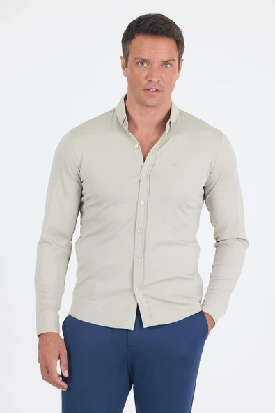 Gri İtalyan Düğmeli Yaka UzunKol Cepsiz Slim Fit Gömlek 1004250254 ürün görseli