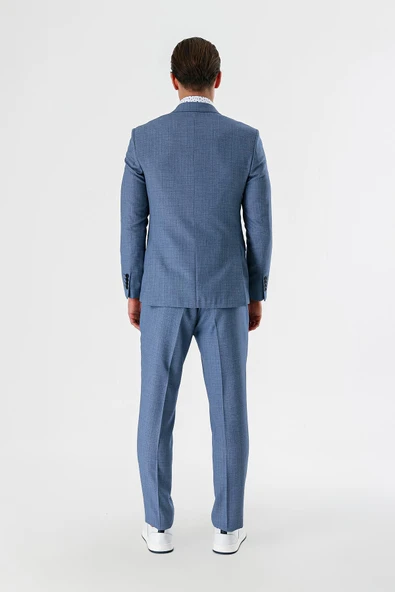 İndigo Mavi Desenli Kırlangıç Yaka Yelekli 6 Drop Slim Fit Dar Kesim Klasik Takım Elbise 1001240157 - Resim 9