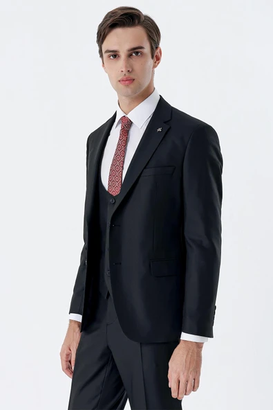 Siyah Mono Yaka Çift Yırtmaç Yelekli 6 Drop Slim Fit Dar Kesim Basic Takım Elbise 1001245186 ürün görseli