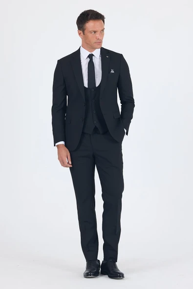 Siyah Düz Bez Ayağı Mono Yaka 2 Düğme 6 Drop Slim Fit Basic Takım Elbise 1001250186_001 ürün görseli