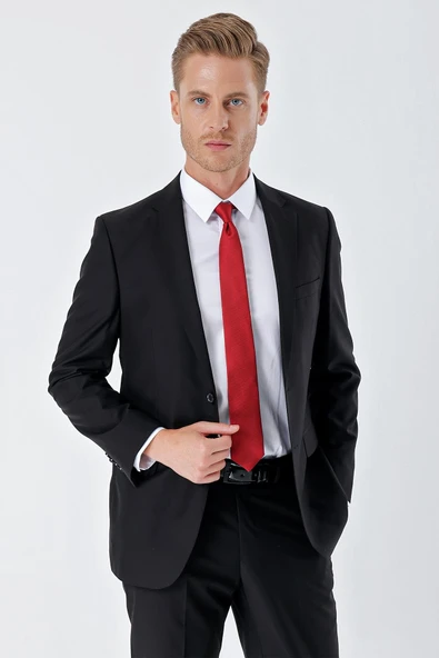 Siyah Gabardin Mono Yaka 6 Drop Comfort Fit Rahat Kesim Basic Takım Elbise 1001240010 - Resim 2