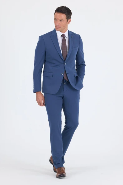 Lacivert Kırlangıç Yaka Kelebek Astar 6 Drop Slim Fit   Beli Lastikli Takım Elbise 1001250176 - Resim 2