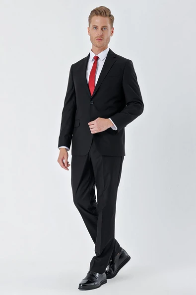 Siyah Gabardin Mono Yaka 8 Drop Slim Fit Dar Kesim Basic Takım Elbise 1001240006 - Resim 5