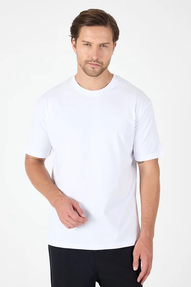 Beyaz Bisiklet Yaka Kısa Kol Slim Fit Pamuklu Tişört 1011250191 - Resim 5